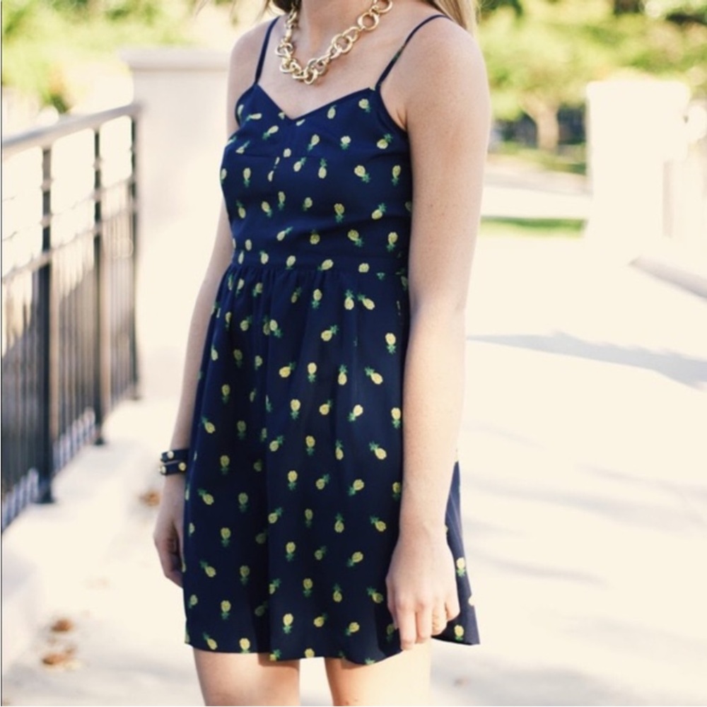 J. Crew Navy Blue Dress with Pineapple Print